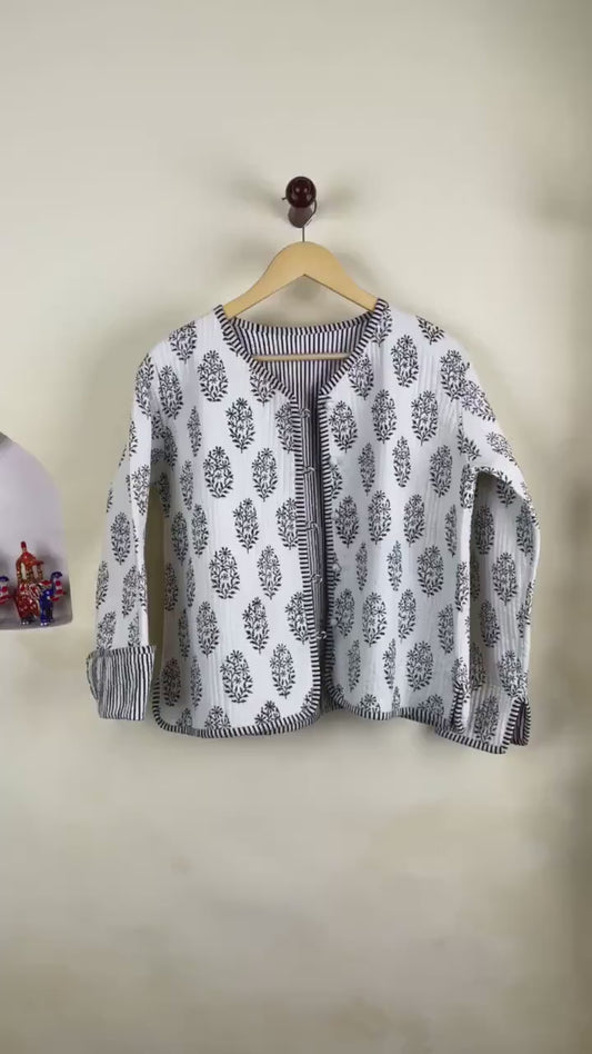 Cotton Handmade Kantha Jacket, Womens Clothing Quilted Reversible Coat, Kimono Indian Hand Printed Vintage Boho Vest Valentines Gift for Her