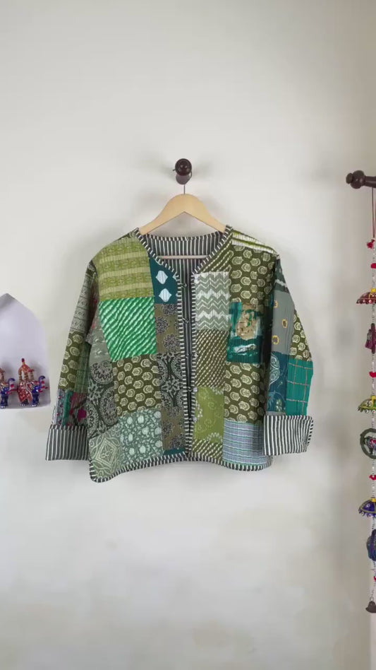 Handmade Cotton Quilted Jacket - Cozy Winter Outerwear Reversible Kantha Patchwork Coat Boho Hand Block Short Jacket, Valentine Gift for her