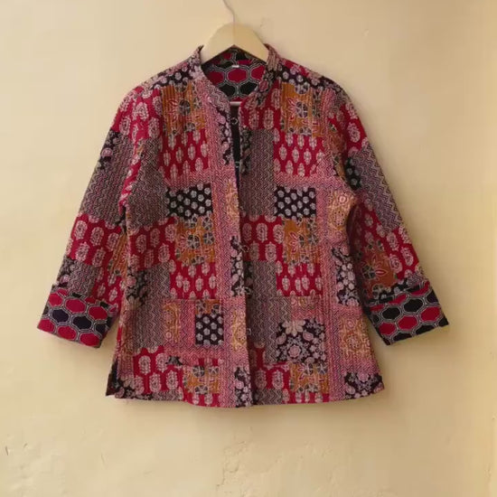 Cotton Handmade Kantha Jacket, Womens Clothing Quilted Reversible Coat, Kimono Indian Hand Printed Vintage Boho Vest Valentines Gift for Her