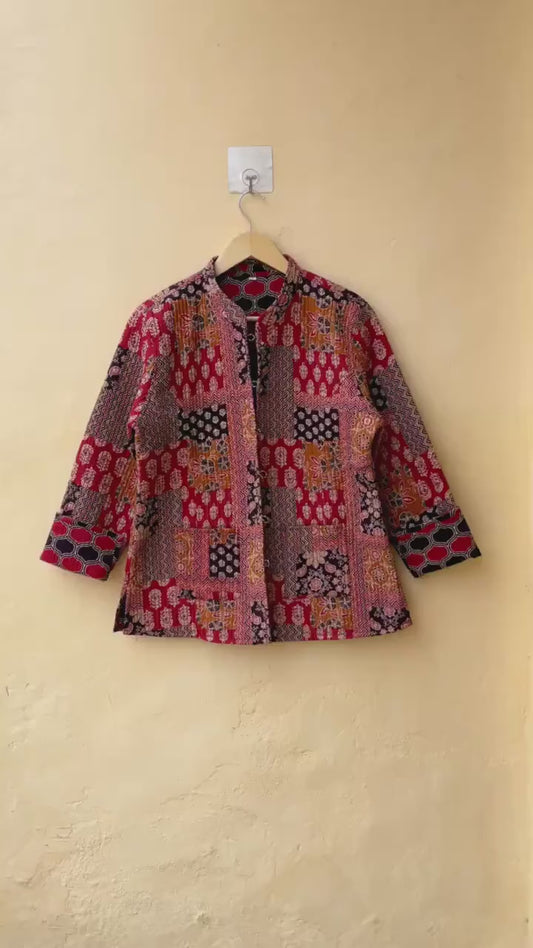 Cotton Handmade Kantha Jacket, Womens Clothing Quilted Reversible Coat, Kimono Indian Hand Printed Vintage Boho Vest Valentines Gift for Her