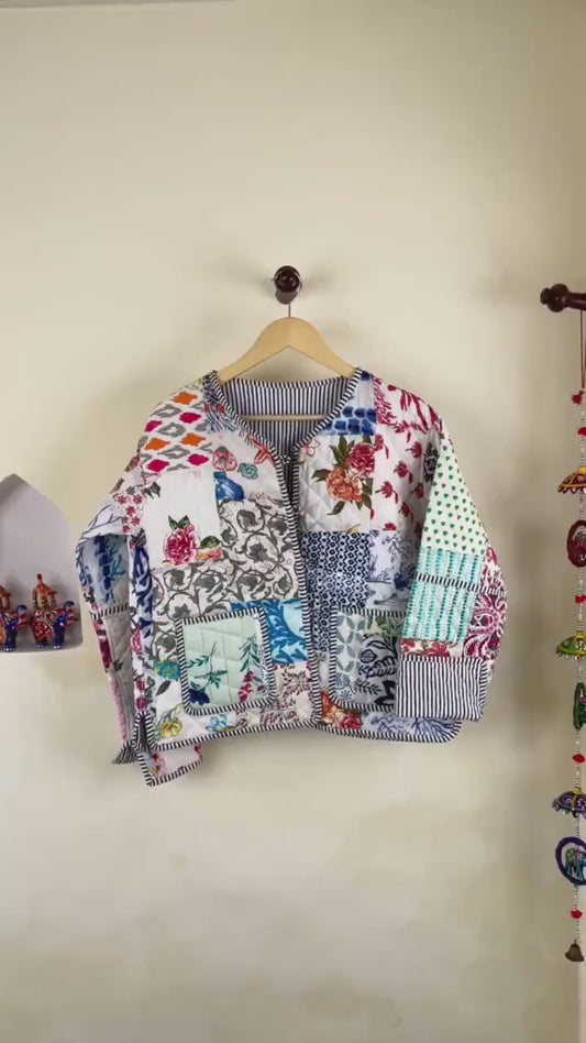 Handmade Cotton Quilted Jacket - Cozy Winter Outerwear Reversible Kantha Patchwork Coat Boho Hand Block Short Jacket, Valentine Gift for her