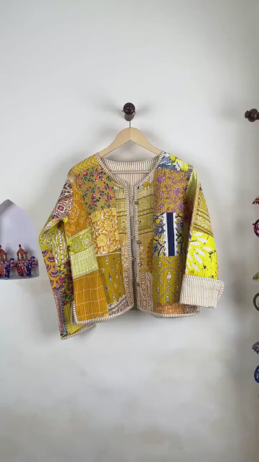 Handmade Cotton Quilted Jacket - Cozy Winter Outerwear Reversible Kantha Patchwork Coat Boho Hand Block Short Jacket, Valentine Gift for her