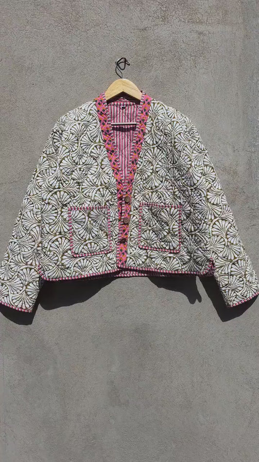 Indian Handmade Cotton Quilted Jacket, V-Neck Vintage Floral Reversible Kantha Coat, Bohemian Hand Block Short Jacket, Gift for Her