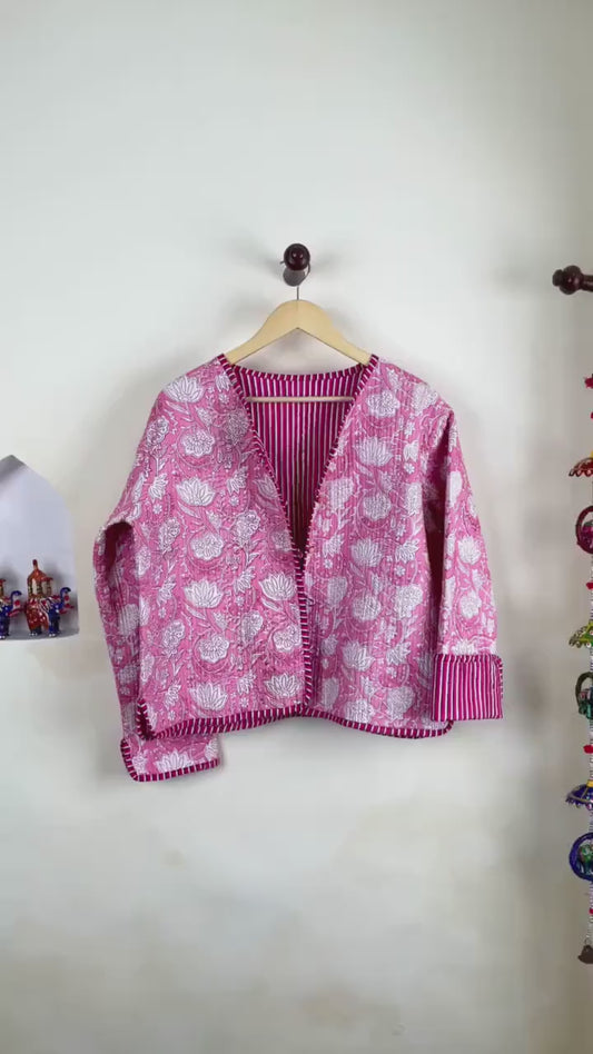 Cotton Handmade Kantha Jacket, Womens Clothing Quilted Reversible Coat, Kimono Indian Hand Printed Vintage Boho Vest Valentines Gift for Her