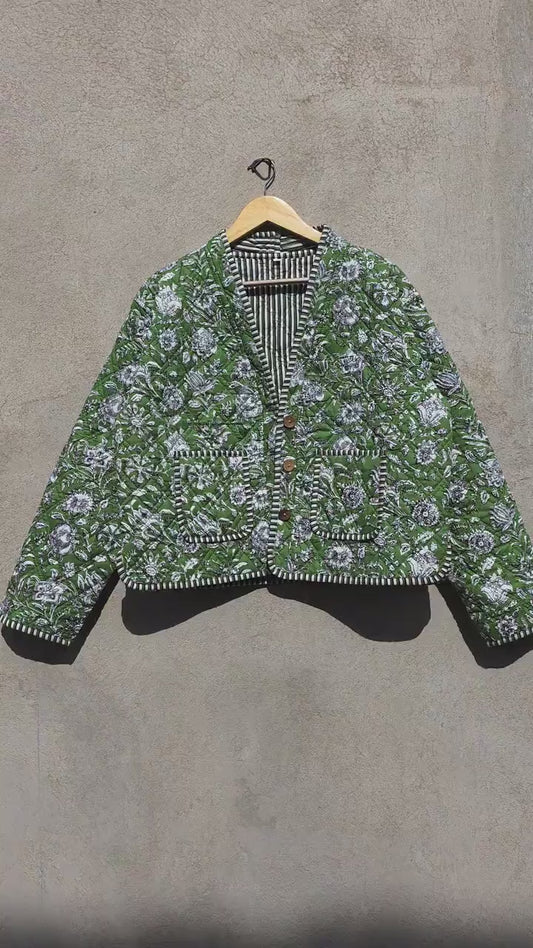 Indian Handmade Cotton Quilted Jacket, Vintage V-Neck Green & White Floral Reversible Kantha Coat, Bohemian Short Jacket, Gift for Her