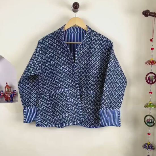 Cotton Handmade Kantha Jacket, Womens Clothing Quilted Reversible Coat, Kimono Indian Hand Printed Vintage Boho Vest Valentines Gift for Her