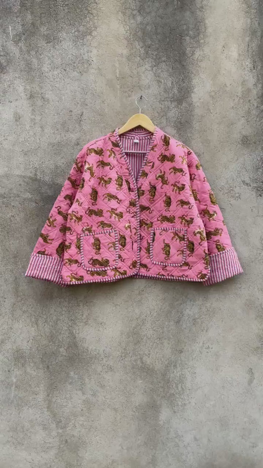 Cotton Quilted Jacket V-Neck New Style Kantha Jacket Hand Block Print Floral Indian Womens Clothing Coat, Boho Jacket Valentine Gift for Her