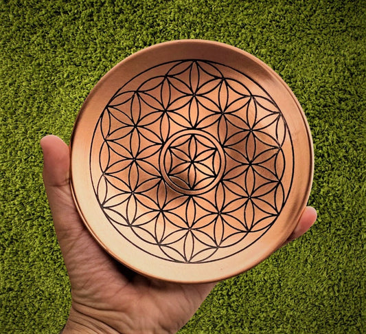 Copper Flower of Life Plate Engraved Crystal charging Bowl Sacred Geometry
