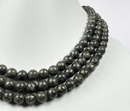 Natural Pyrite Gemstone, Smooth Round Beads 8mm, AAA+ Quality, Full Strand 18" inch, Beaded Necklace