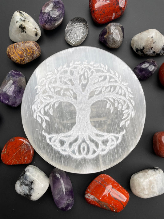 Etched Selenite Tree Of Life Crystal Charging Plate Crystal Grid