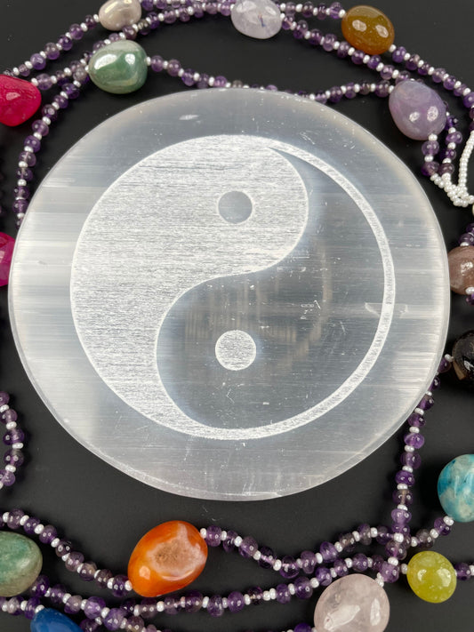 Ying Yang Selenite Charging Plate, Hand Etched, Selenite for charging crystals