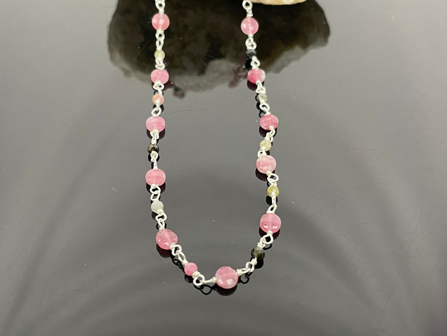 Pink Tourmaline Necklace, Tourmaline Silver Necklace, Multi Tourmaline Minimalist Choker, Handmade Jewelry, Christmas Gift for her/She/Mom