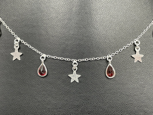 Red Garnet Necklace, Garnet Silver Necklace, Red Garnet Minimalist Choker W/ Silver Star Charms, Christmas Gift for her/She/Mom