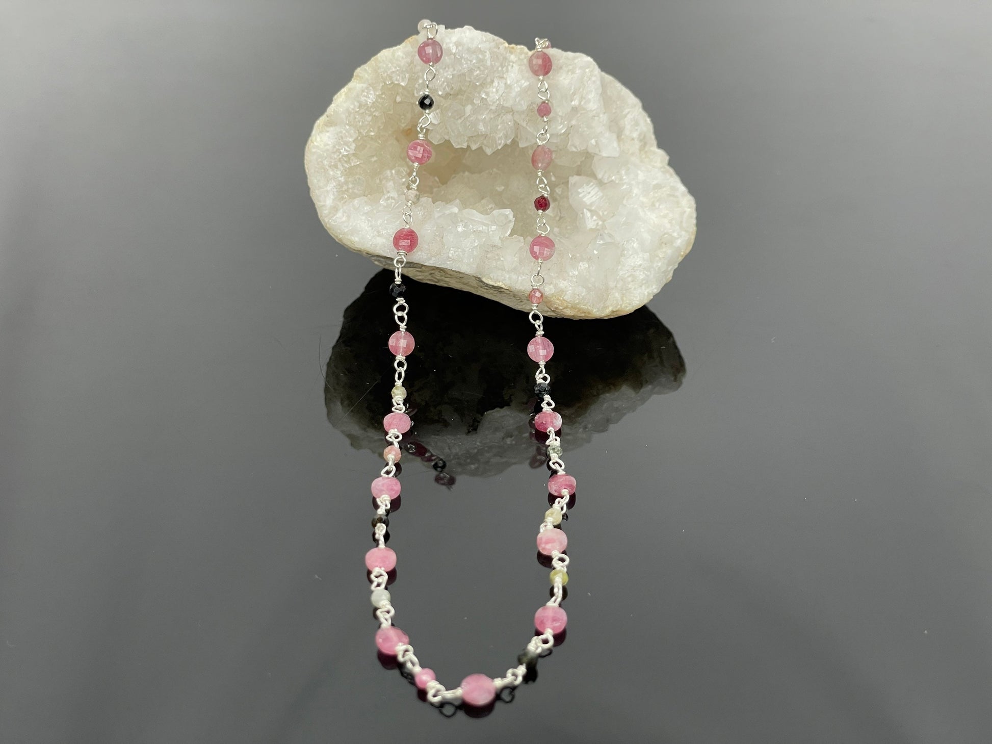 Pink Tourmaline Necklace, Tourmaline Silver Necklace, Multi Tourmaline Minimalist Choker, Handmade Jewelry, Christmas Gift for her/She/Mom