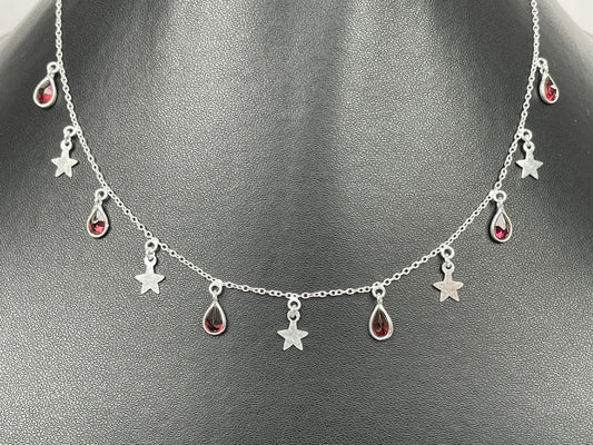 Red Garnet Necklace, Garnet Silver Necklace, Red Garnet Minimalist Choker W/ Silver Star Charms, Christmas Gift for her/She/Mom
