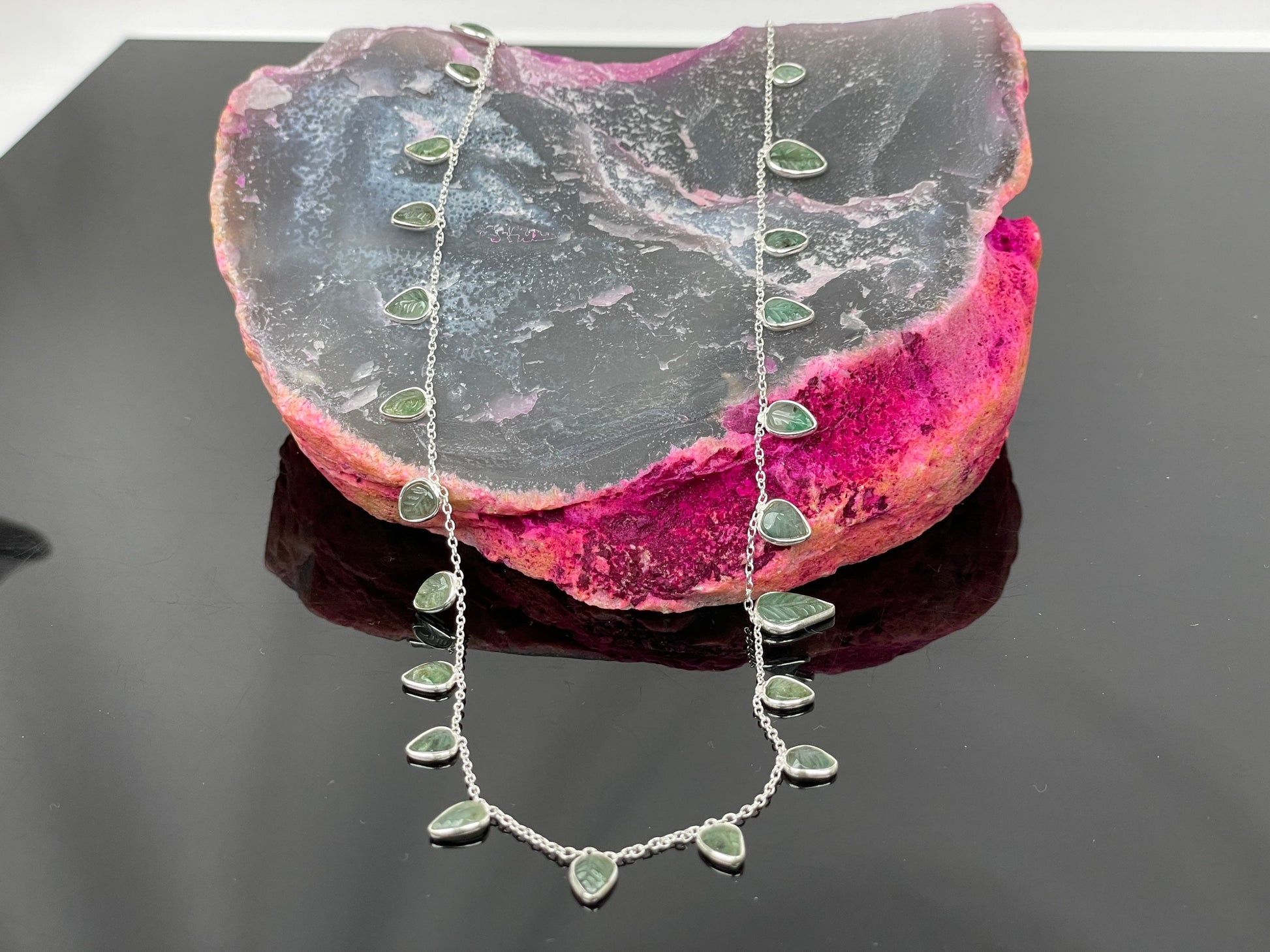 Emerald Necklace, Emerald Silver Necklace Emerald Leaf Carvings Minimalist Choker, Handmade Jewelry Christmas Gift for her/She/Mom