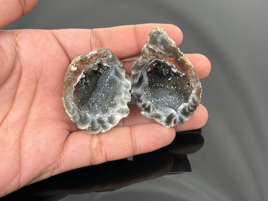 Natural Brown & White Brazilian Druzy Agate Geode Pair's, Beautiful Polished Chalcedony Geode Pairs, Oco Geode AAA+ Quality