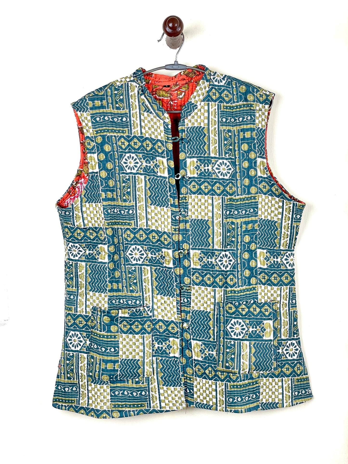 Indian Handmade Quilted Cotton Sleeveless Jacket Blue & Green Stylish Women's Vest, Reversible Waistcoat for Her