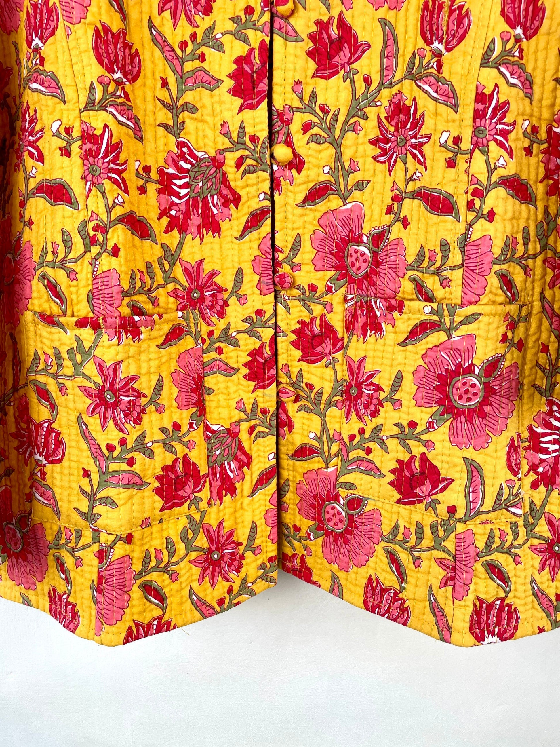 Indian Handmade Quilted Cotton Fabric Jacket Stylish Yellow & Pink Floral Women's Coat, Reversible Waistcoat for Her