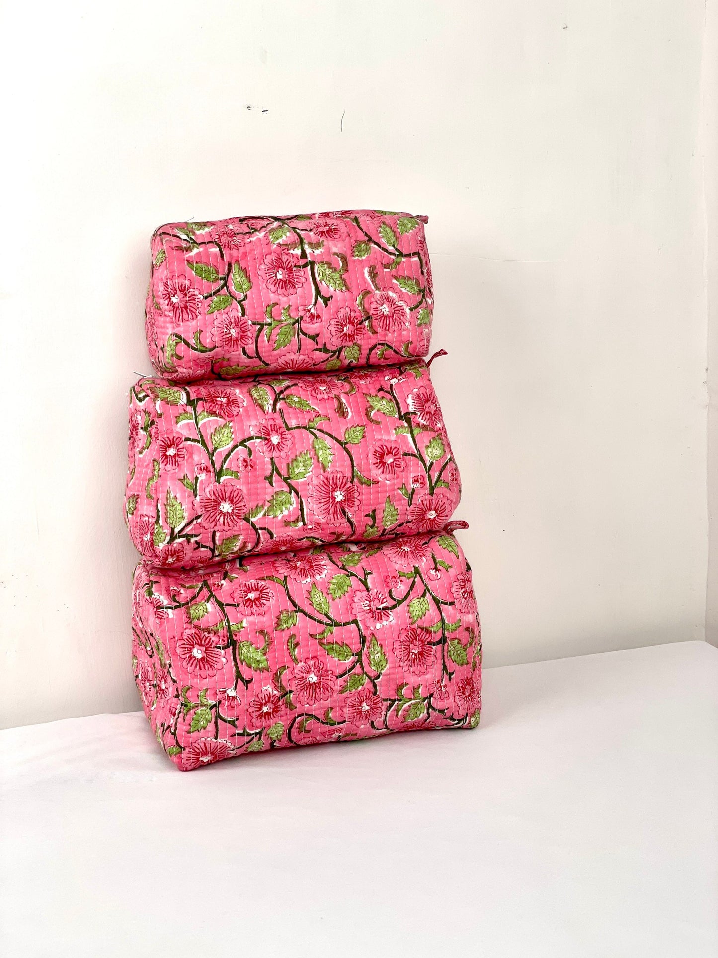 Pack of 3 Organic Cotton Quilted Toiletry Bag, Elegant Floral Hand block Print Wash Bag, Pink Makeup Bag, Gift for her, Mother's Day Gift