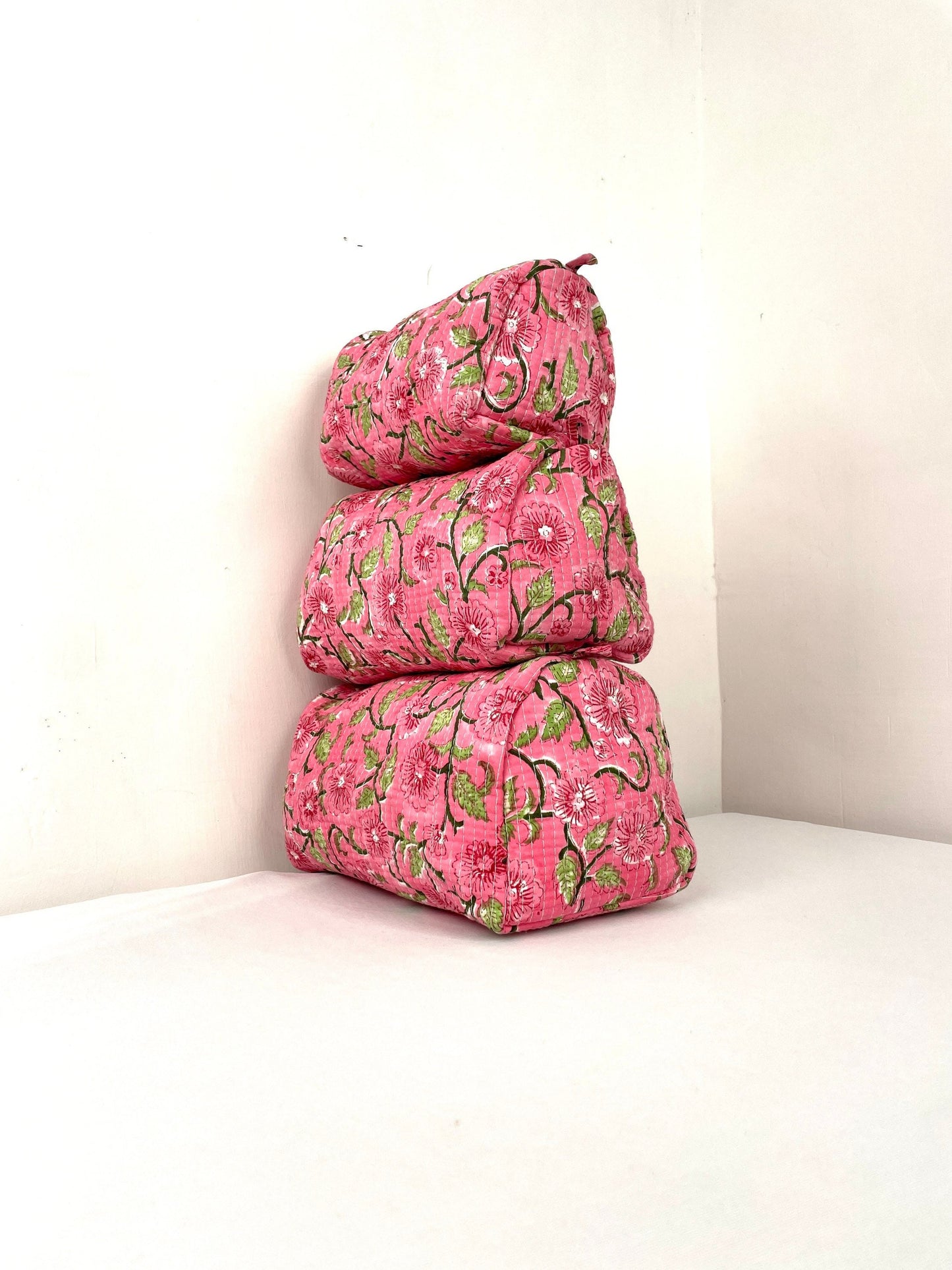 Pack of 3 Organic Cotton Quilted Toiletry Bag, Elegant Floral Hand block Print Wash Bag, Pink Makeup Bag, Gift for her, Mother's Day Gift