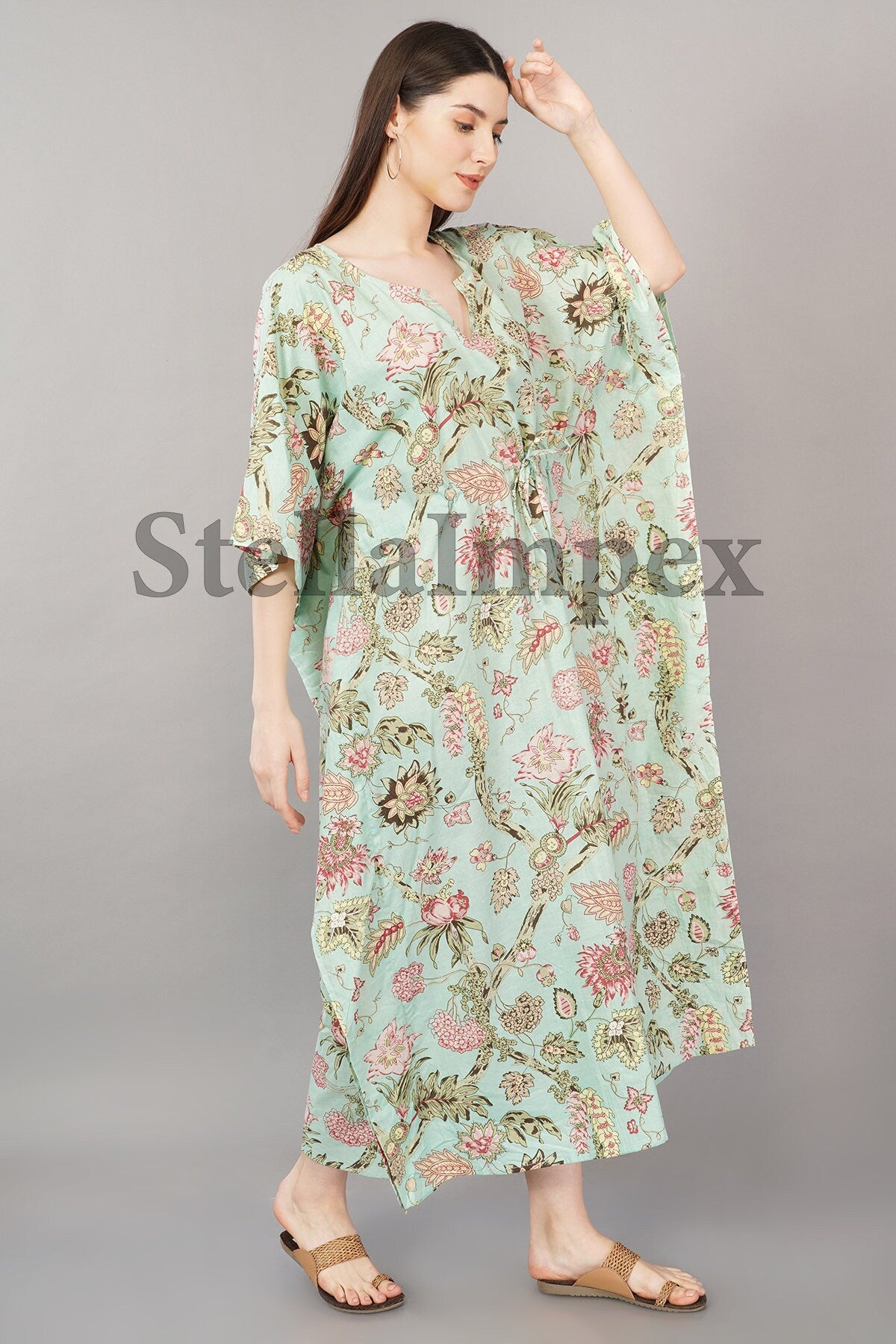 Indian Handprint Cotton Kaftan, Elegant Green Floral Long Caftan Resort Wear Beach Dress Boho Kaftan, Gift for Her