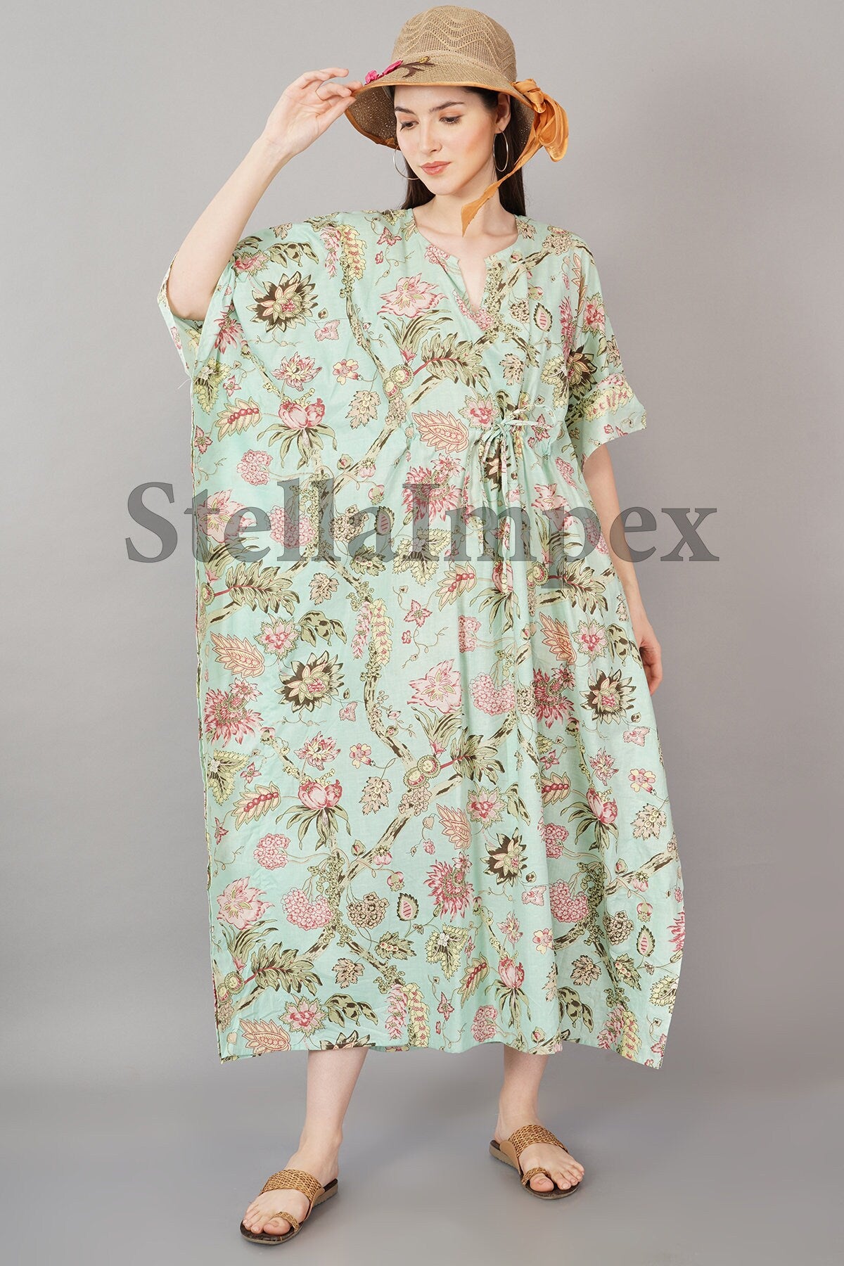 Indian Handprint Cotton Kaftan, Elegant Green Floral Long Caftan Resort Wear Beach Dress Boho Kaftan, Gift for Her