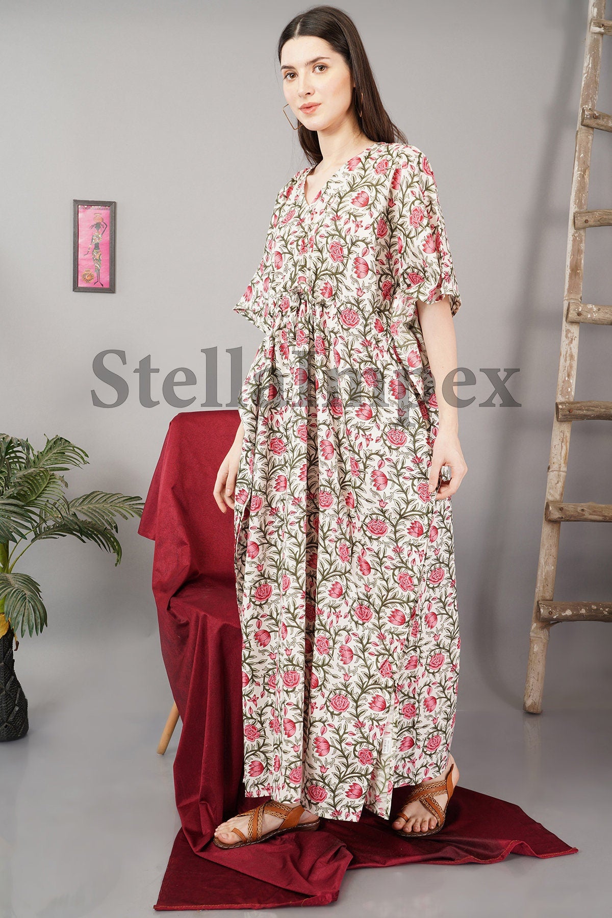Trendy Handblock Print Cotton Kaftan, Elegant White & Pink Floral Long Caftan Resort Wear Beach Dress Boho Kaftan, Gift for Her