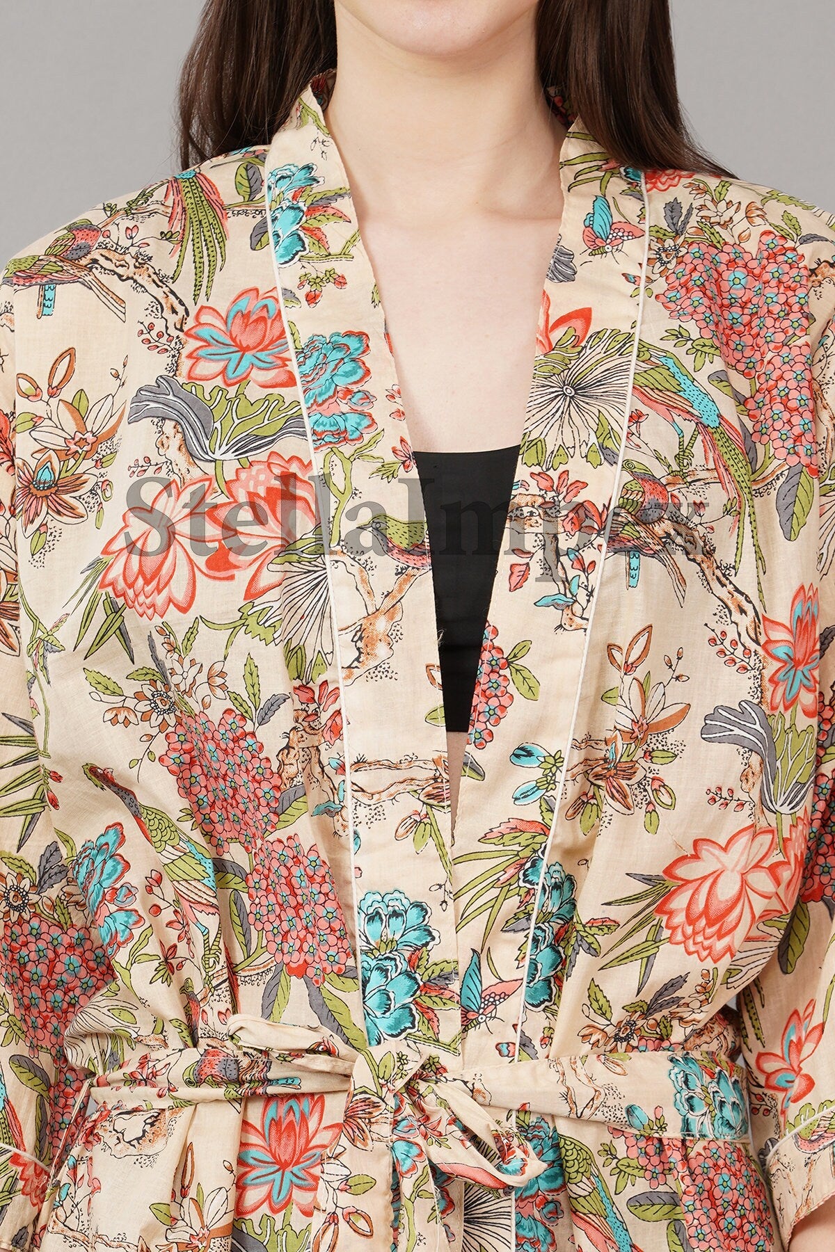 Trendy Cotton Kimono Elegant Multi-Color Floral Bathrobe Resort Wear Beach Bikini Cover-ups Boho Kimono Bathrobe, Gift for Her