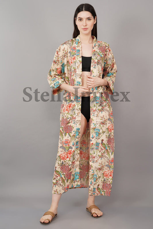 Trendy Cotton Kimono Elegant Multi-Color Floral Bathrobe Resort Wear Beach Bikini Cover-ups Boho Kimono Bathrobe, Gift for Her