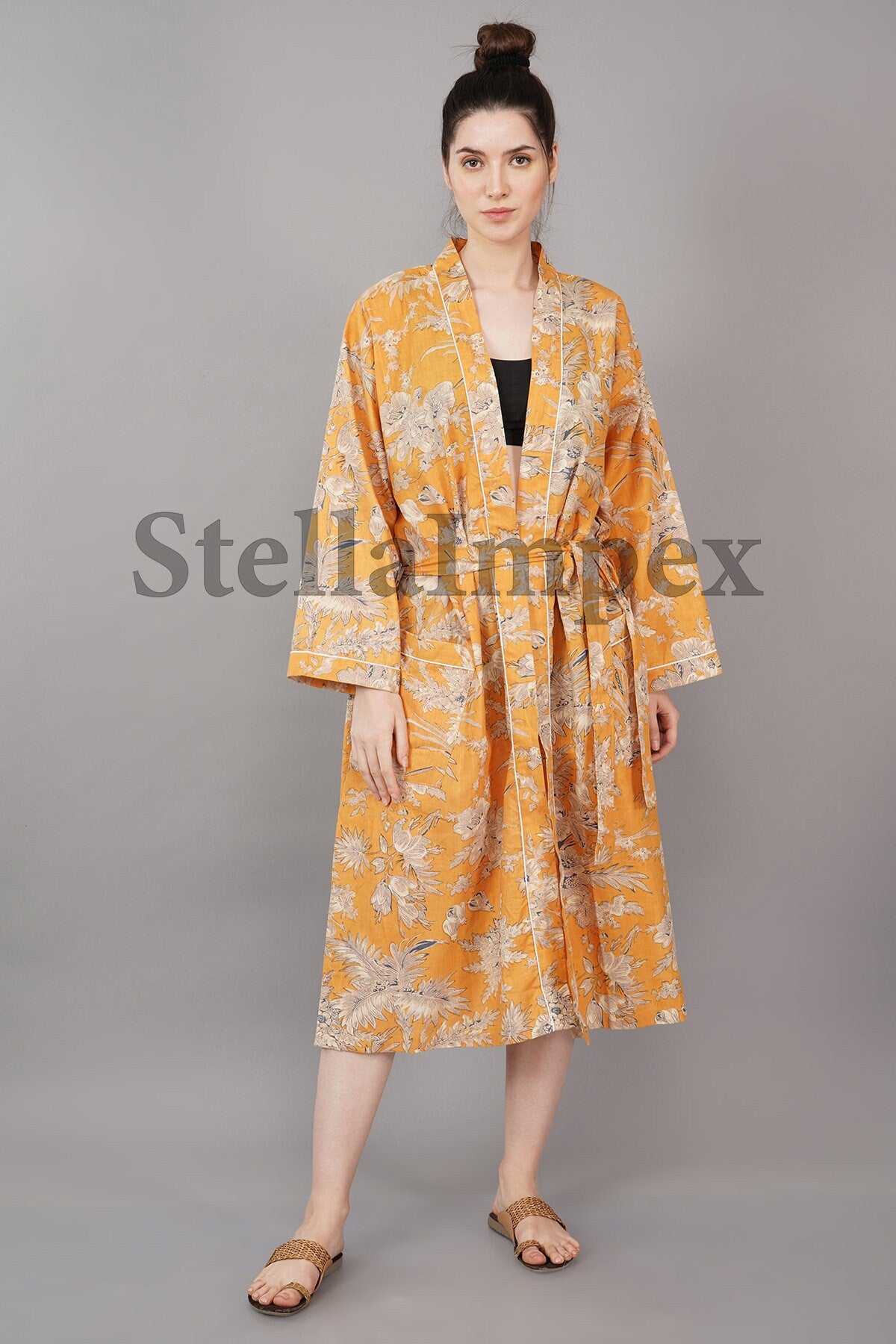 Indian Handmade Cotton Kimono Elegant Yellow & White Floral Bathrobe Resort Wear Beach Bikini Cover-ups Boho Kimono Bathrobe, Gift for Her