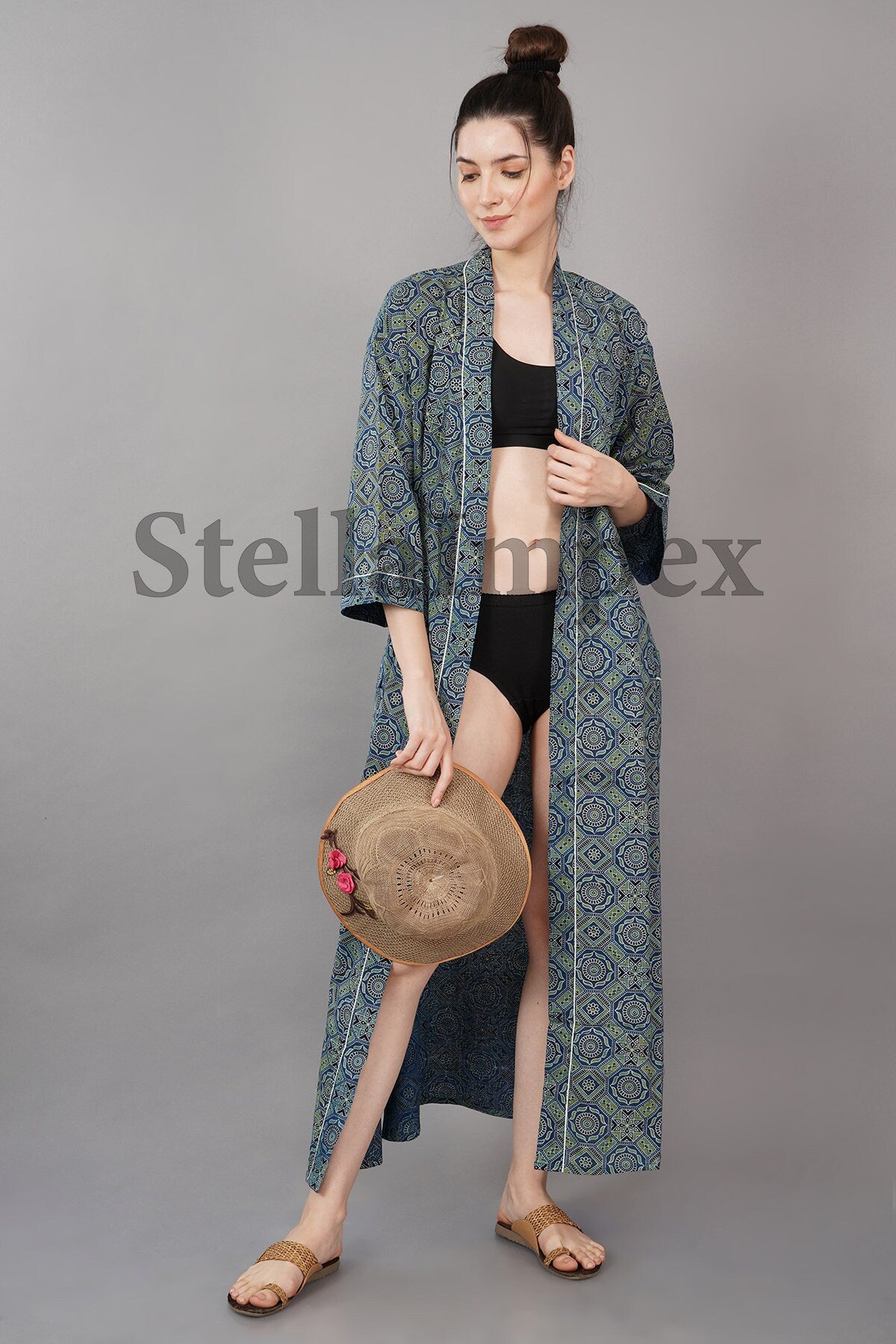 Indian Handmade Cotton Kimono Elegant Blue & Green Bathrobe Resort Wear Beach Bikini Cover-ups Boho Kimono Bathrobe, Gift for Her