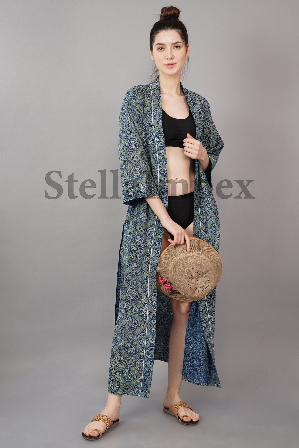 Indian Handmade Cotton Kimono Elegant Blue & Green Bathrobe Resort Wear Beach Bikini Cover-ups Boho Kimono Bathrobe, Gift for Her
