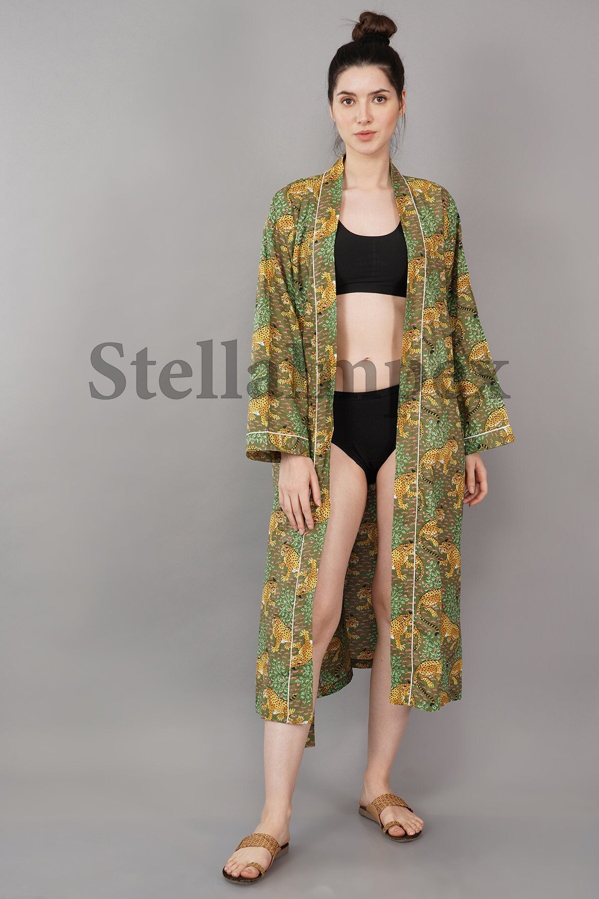 Indian Handmade Cotton Kimono Elegant Green Leopard Print Bathrobe Resort Wear Beach Bikini Cover-ups Boho Kimono Bathrobe, Gift for Her