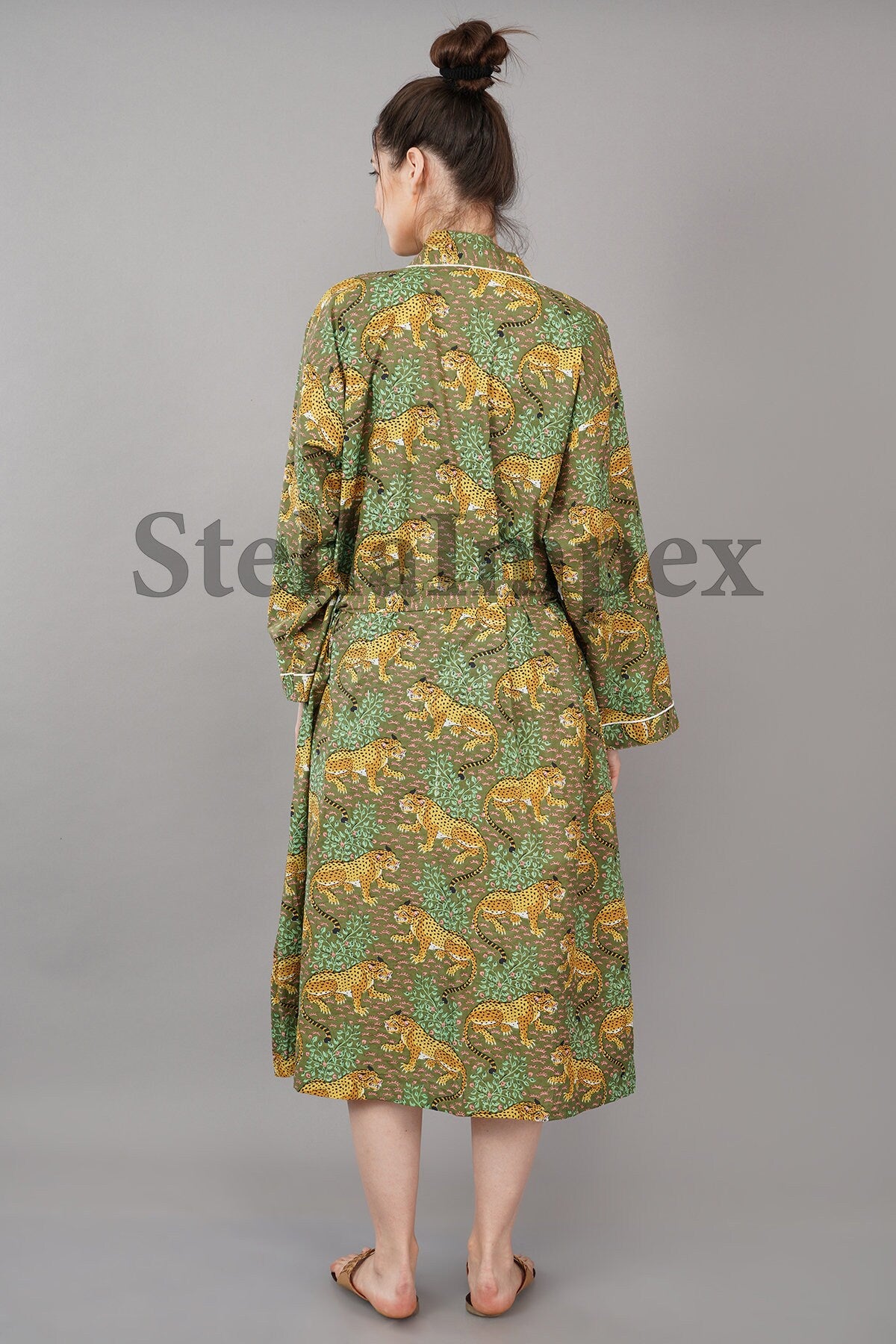 Indian Handmade Cotton Kimono Elegant Green Leopard Print Bathrobe Resort Wear Beach Bikini Cover-ups Boho Kimono Bathrobe, Gift for Her