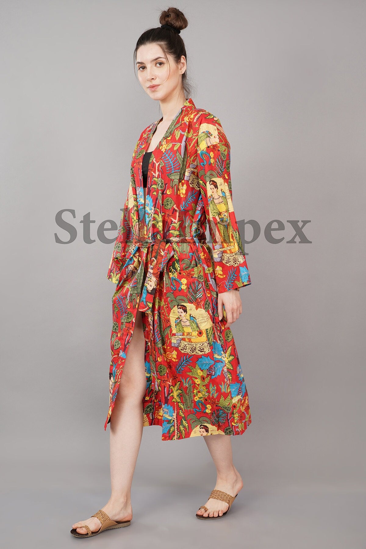 Trendy Cotton Kimono Elegant Red Frida Kahlo Print Bathrobe Resort Wear Beach Bikini Cover-ups Boho Kimono Bathrobe, Gift for Her