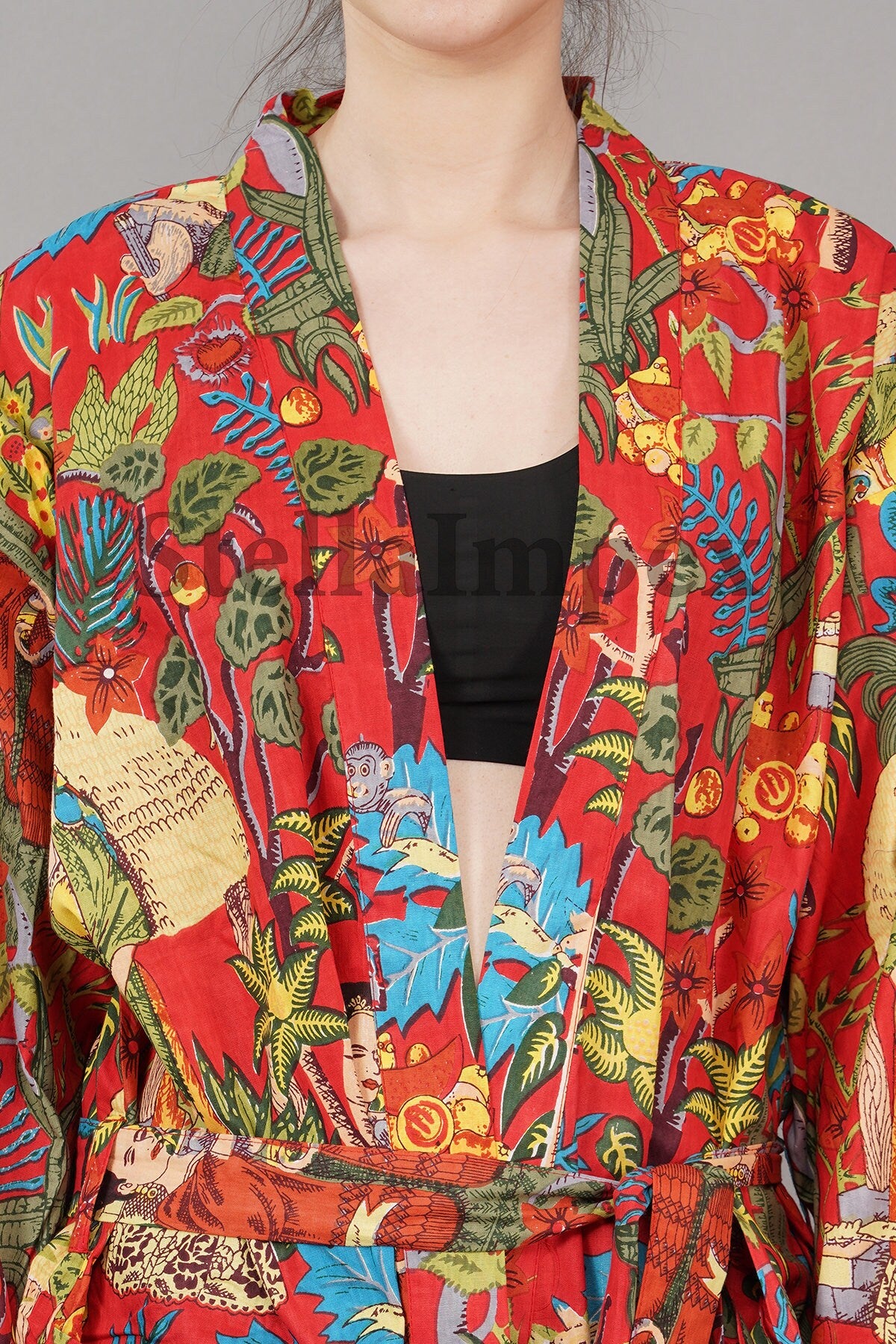 Trendy Cotton Kimono Elegant Red Frida Kahlo Print Bathrobe Resort Wear Beach Bikini Cover-ups Boho Kimono Bathrobe, Gift for Her