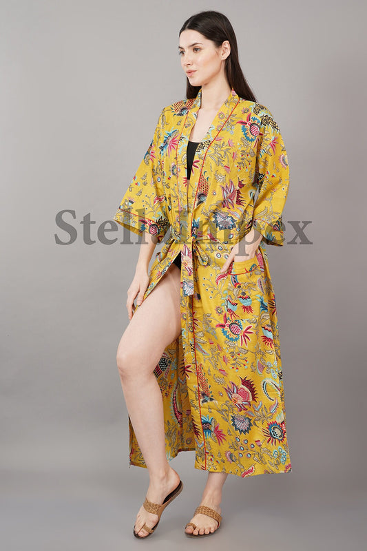 Yellow Print Elegant Cotton Kimono Bathrobe Resort Wear Beach Bikini Cover-ups Boho Kimono Bathrobe, Gift for Her