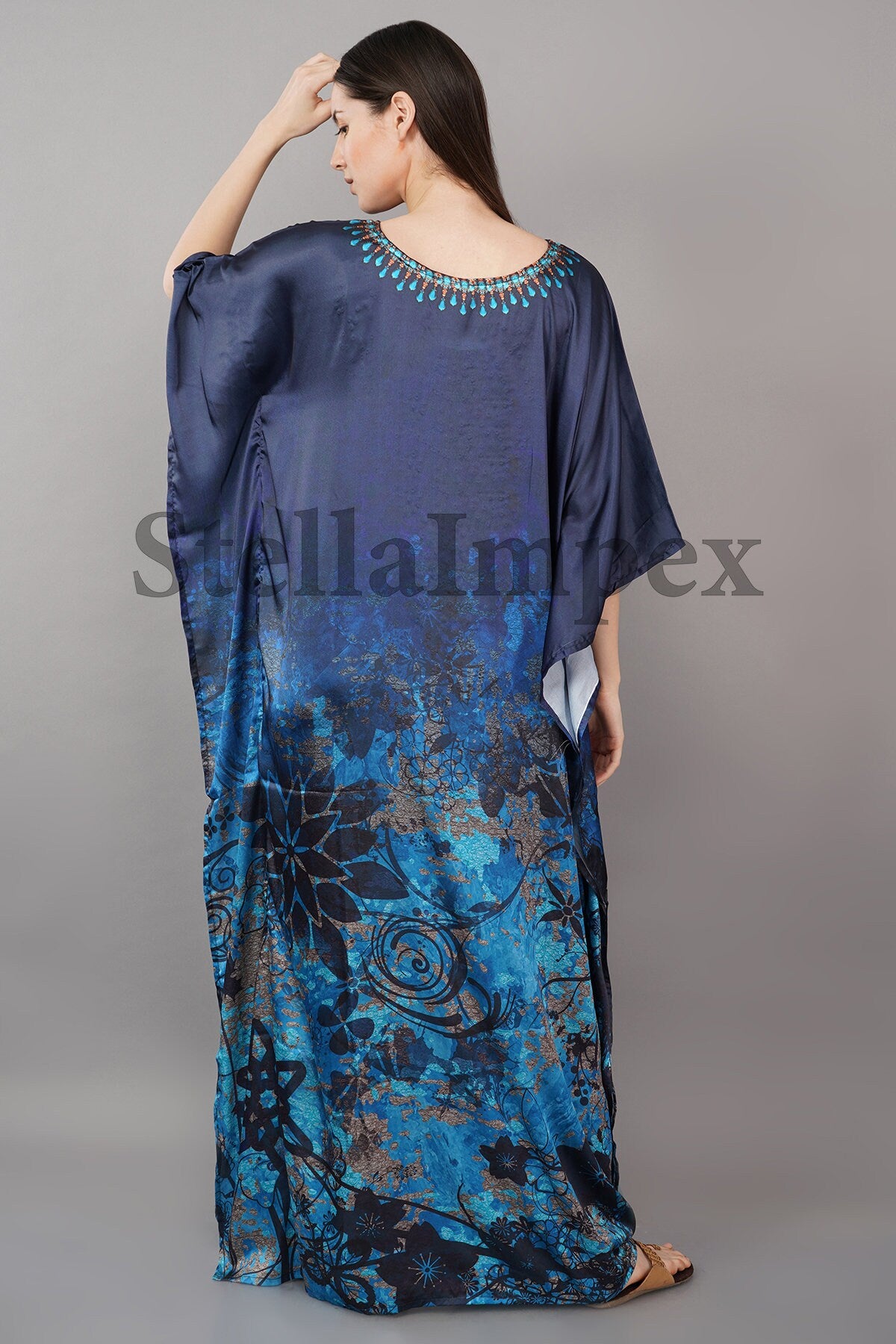 Trendy Crepe Silk Kaftan, Elegant Blue Long Caftan Resort Wear Beach Dress Boho Kaftan, Gift for Her