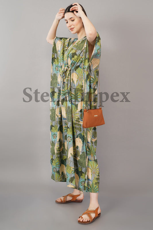 Trendy Cotton Kaftan Elegant Green & Grey Long Caftan Resort Wear Beach Dress Boho Kaftan, Gift for Her