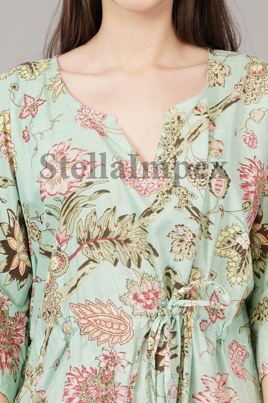 Indian Handprint Cotton Kaftan, Elegant Green Floral Long Caftan Resort Wear Beach Dress Boho Kaftan, Gift for Her
