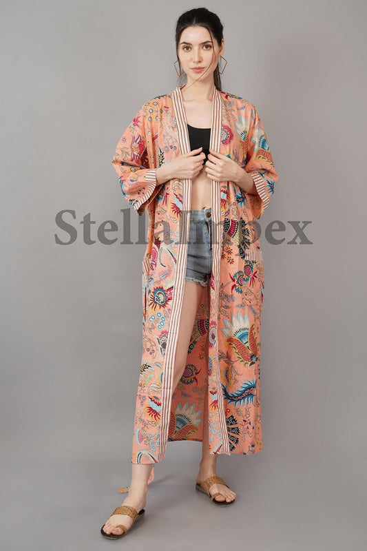 Trendy Cotton Kimono Elegant Peach Floral Bathrobe Resort Wear Beach Bikini Cover-ups Boho Kimono Bathrobe, Gift for Her