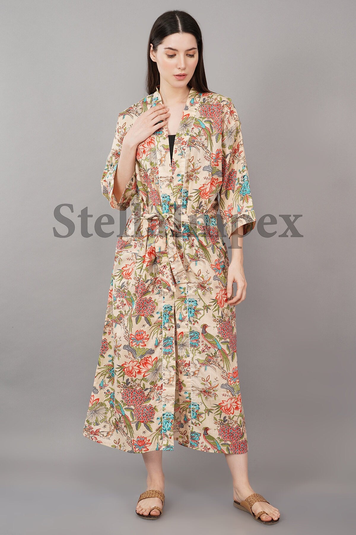 Trendy Cotton Kimono Elegant Multi-Color Floral Bathrobe Resort Wear Beach Bikini Cover-ups Boho Kimono Bathrobe, Gift for Her
