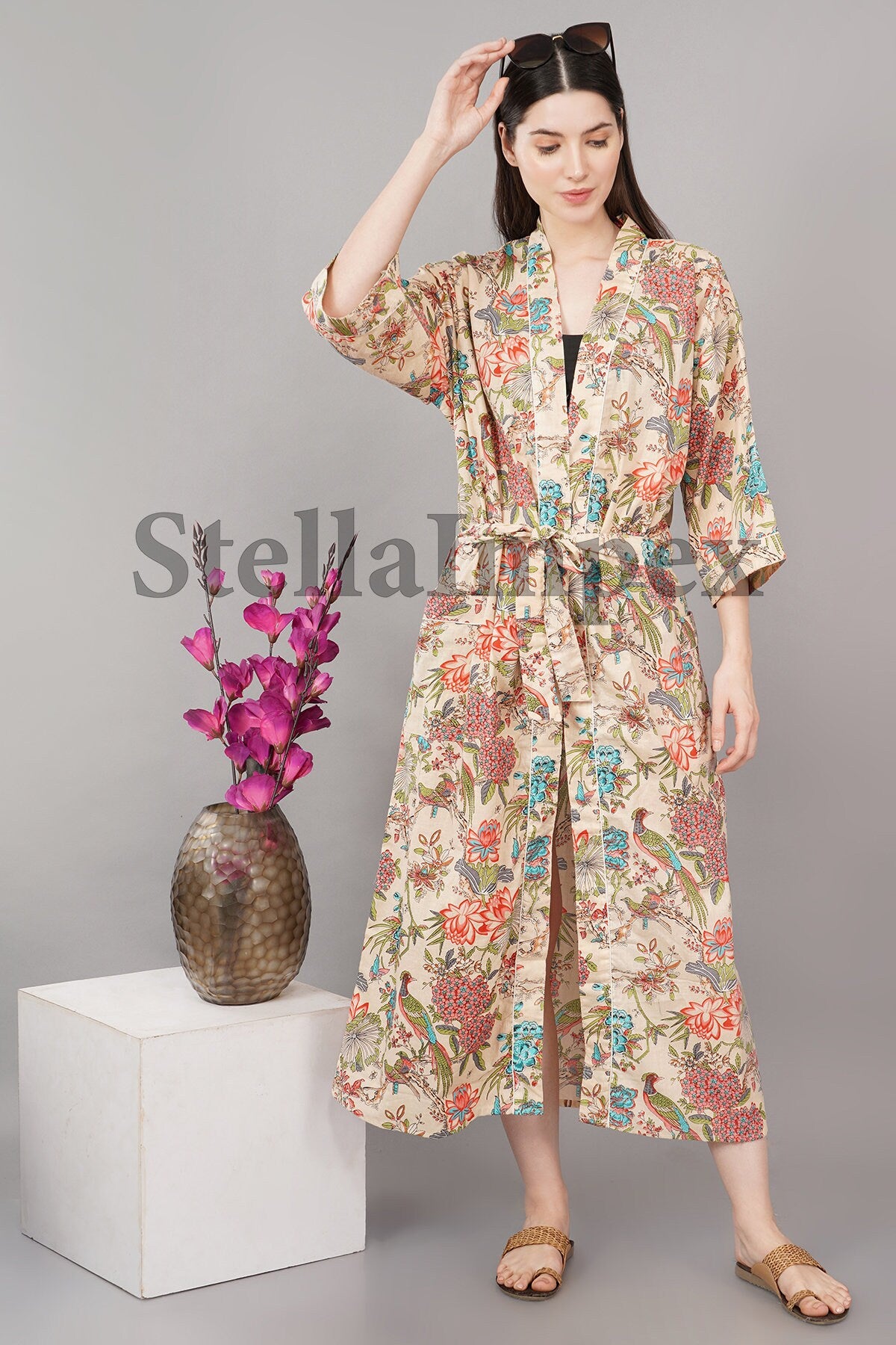 Trendy Cotton Kimono Elegant Multi-Color Floral Bathrobe Resort Wear Beach Bikini Cover-ups Boho Kimono Bathrobe, Gift for Her