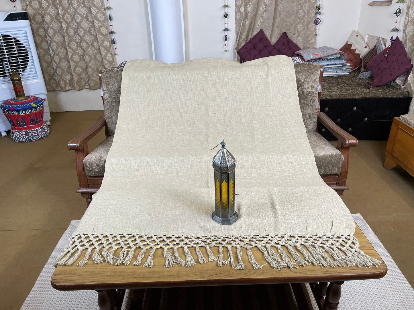 Indian Handmade Beige Throw Blanket for Couch/Sofa, 51×80 Inch Woven Blanket for Bedroom Living Room, Home Decor, Housewarming Gift