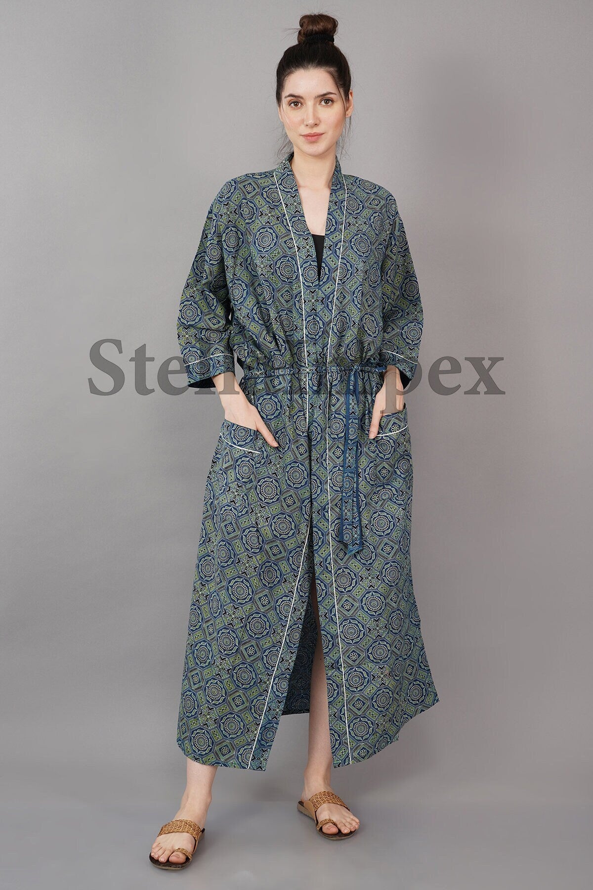 Indian Handmade Cotton Kimono Elegant Blue & Green Bathrobe Resort Wear Beach Bikini Cover-ups Boho Kimono Bathrobe, Gift for Her