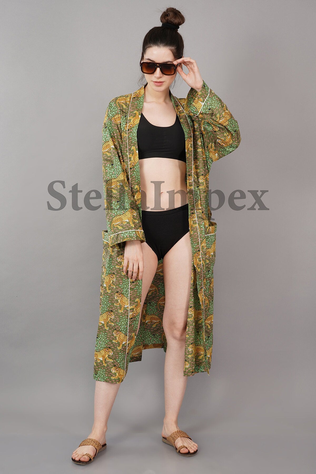 Indian Handmade Cotton Kimono Elegant Green Leopard Print Bathrobe Resort Wear Beach Bikini Cover-ups Boho Kimono Bathrobe, Gift for Her