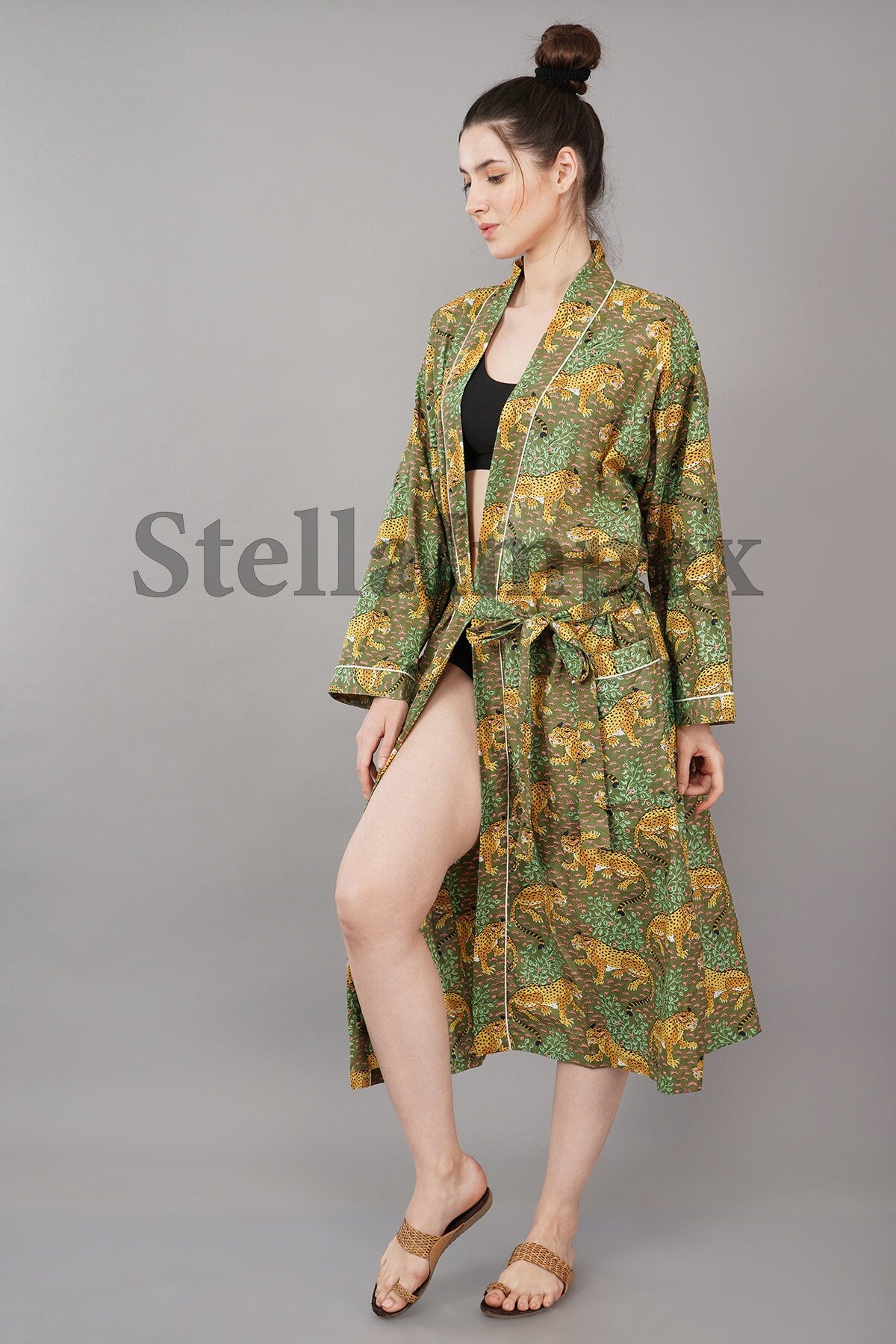 Indian Handmade Cotton Kimono Elegant Green Leopard Print Bathrobe Resort Wear Beach Bikini Cover-ups Boho Kimono Bathrobe, Gift for Her