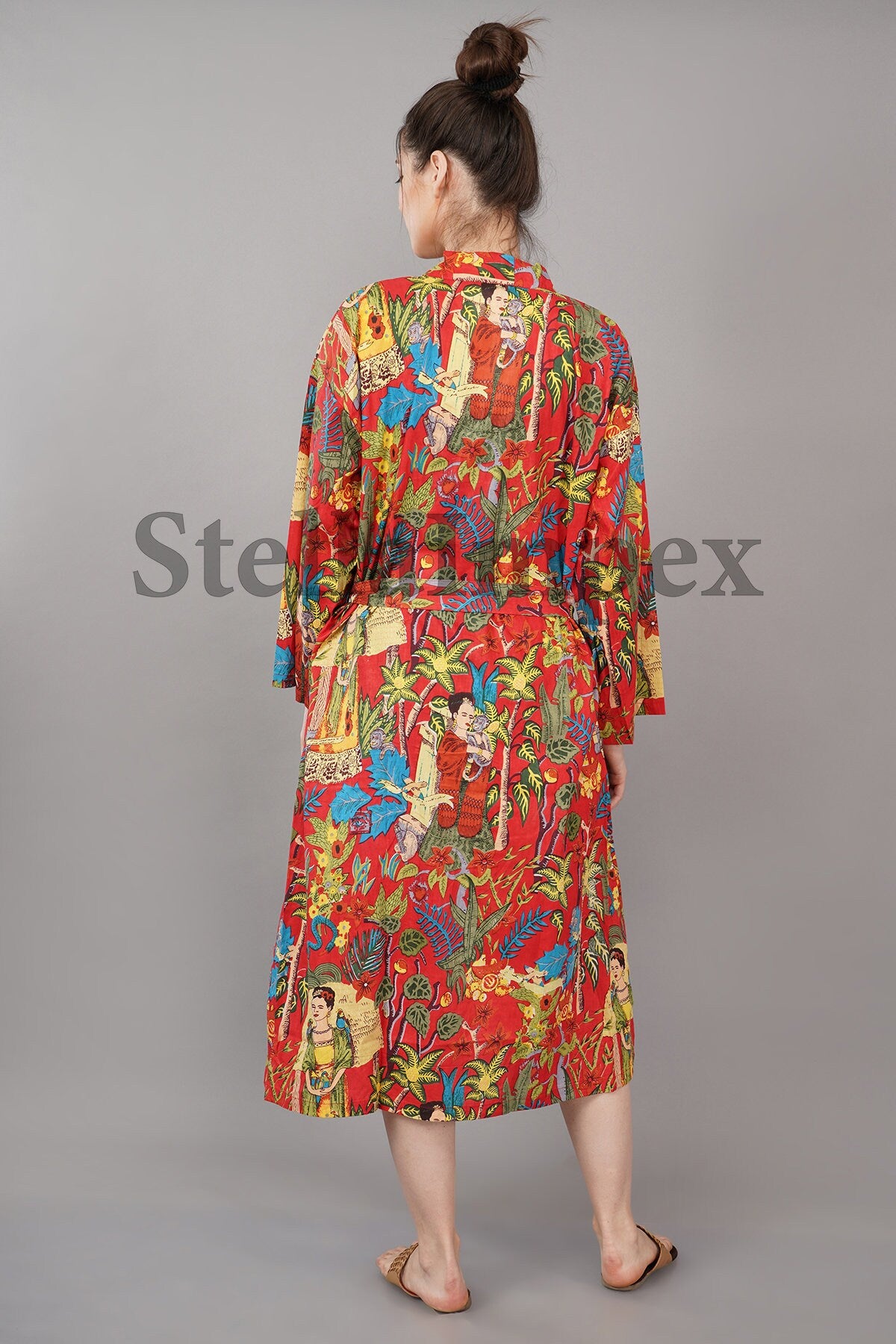 Trendy Cotton Kimono Elegant Red Frida Kahlo Print Bathrobe Resort Wear Beach Bikini Cover-ups Boho Kimono Bathrobe, Gift for Her