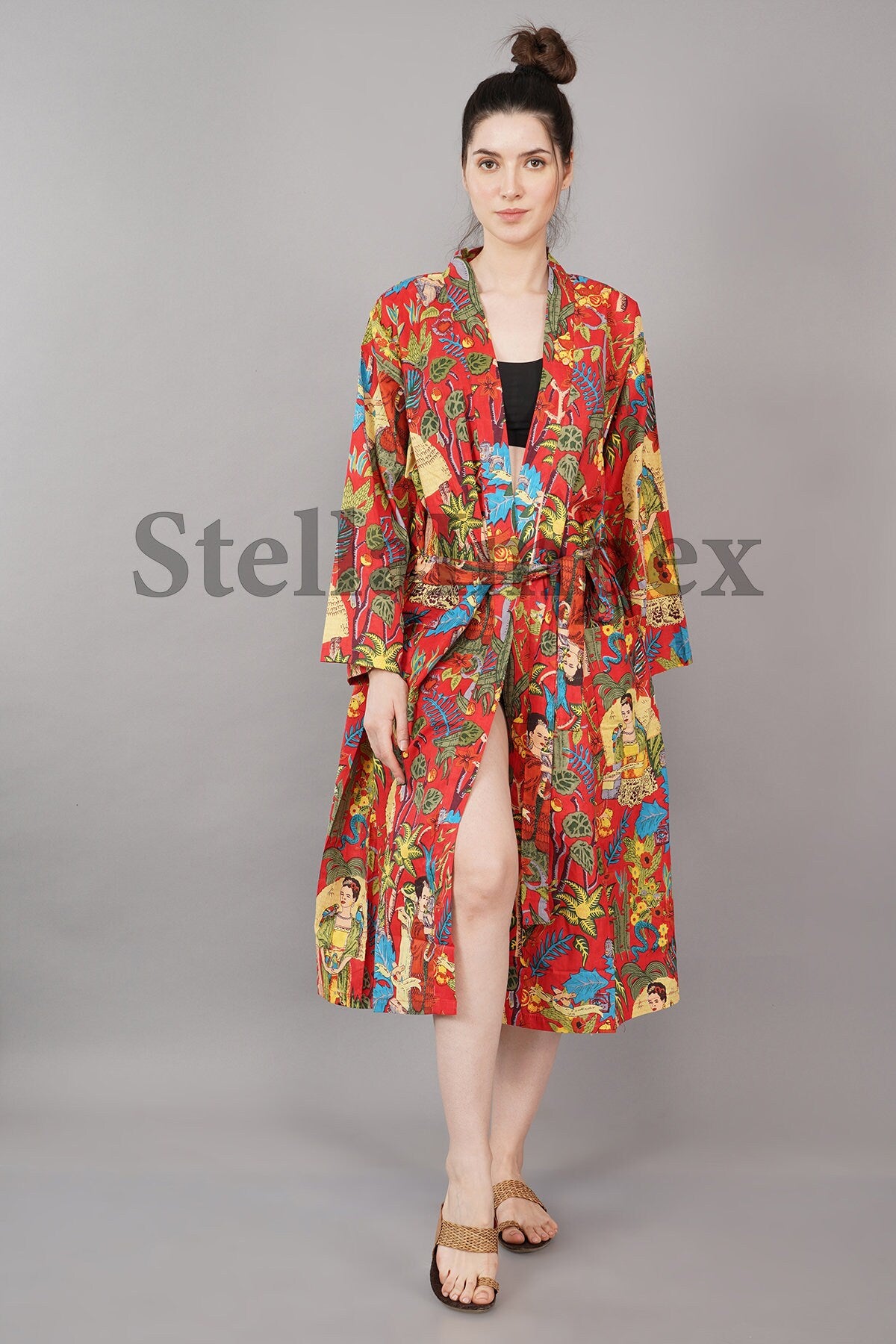 Trendy Cotton Kimono Elegant Red Frida Kahlo Print Bathrobe Resort Wear Beach Bikini Cover-ups Boho Kimono Bathrobe, Gift for Her